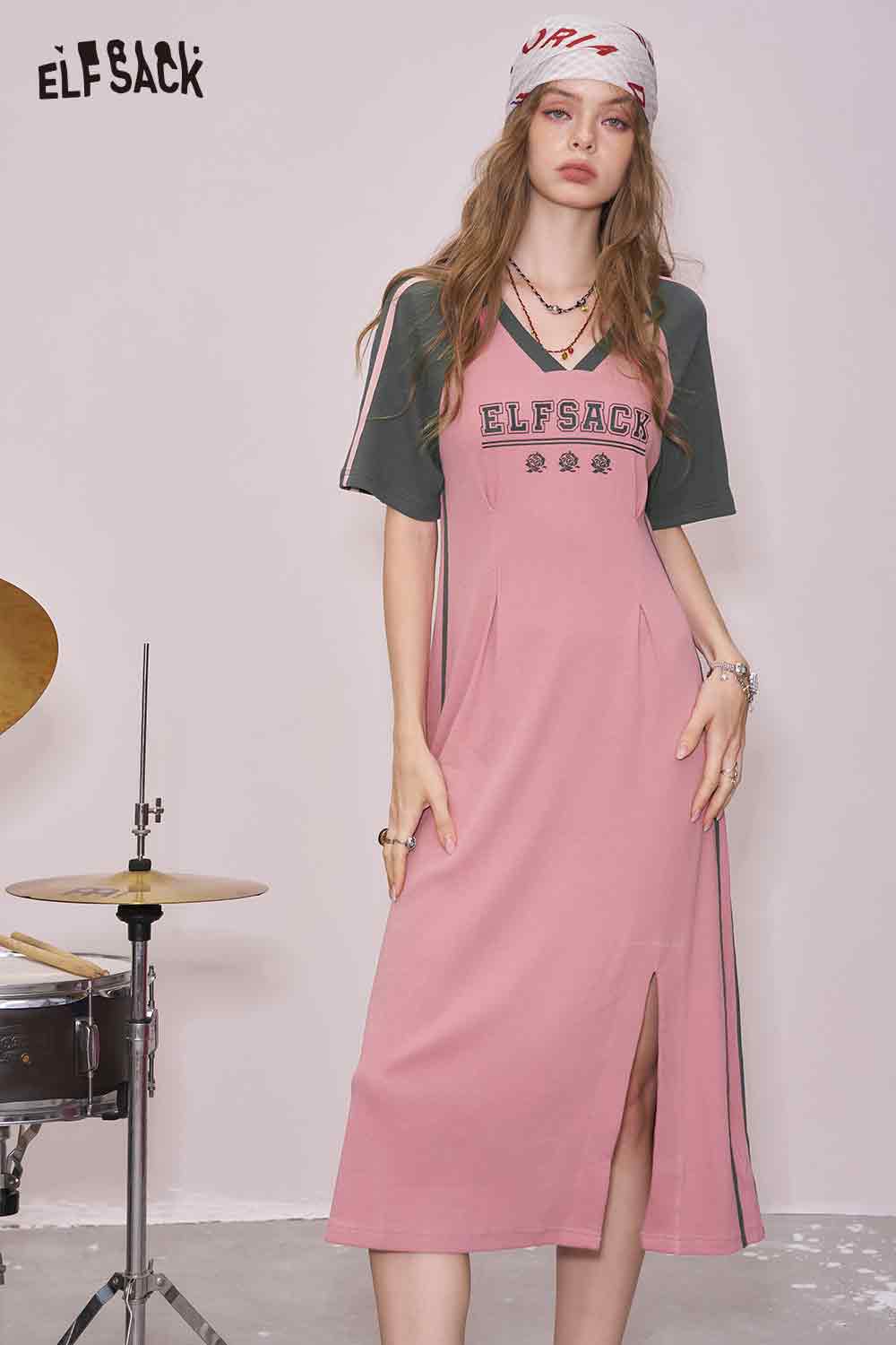 ELFSACK Cute Letter Graphic Color Block Side Split Slim Tshirt Dress