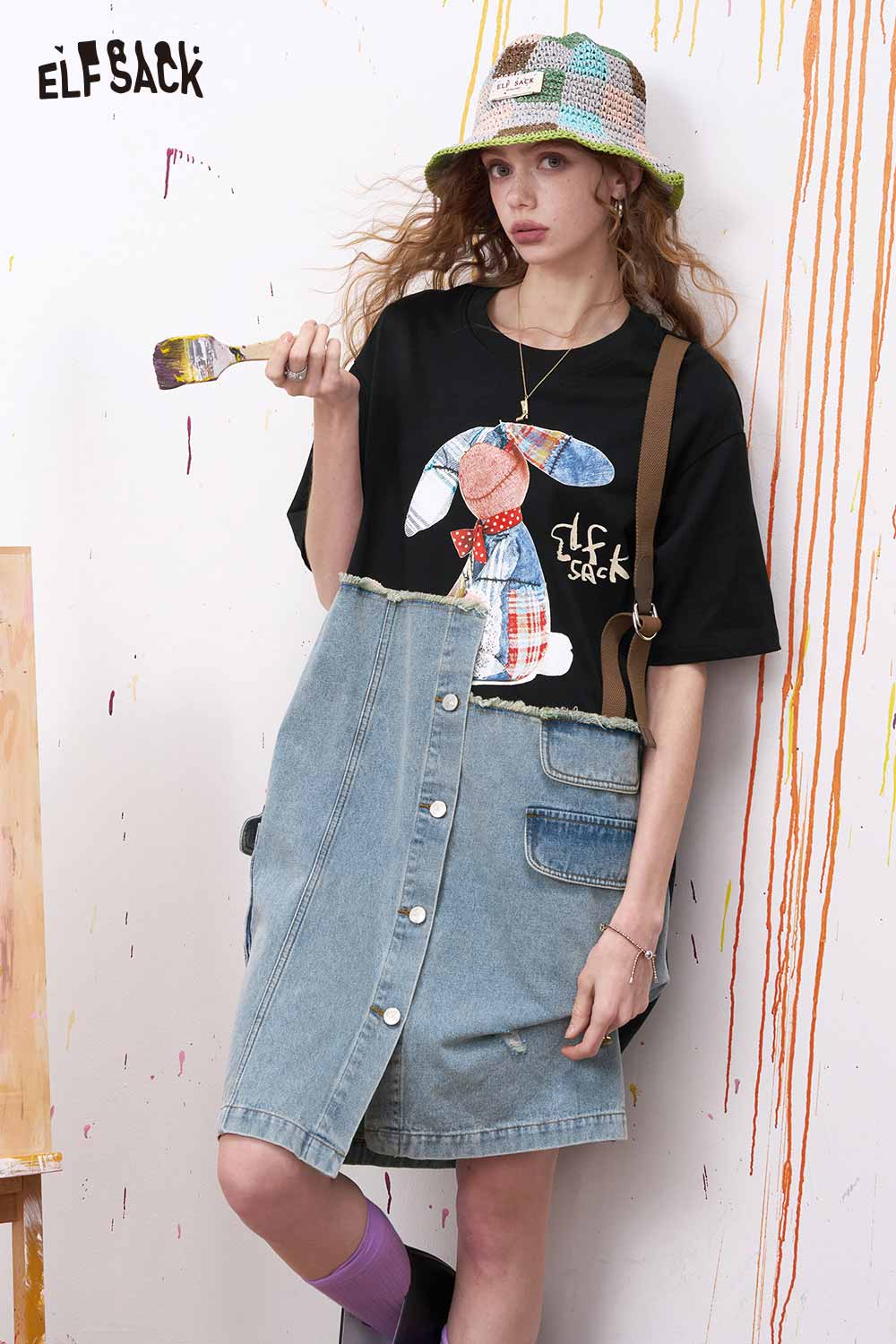 ELFSACK Cute Midi Dress with Black Bunny Patchwork