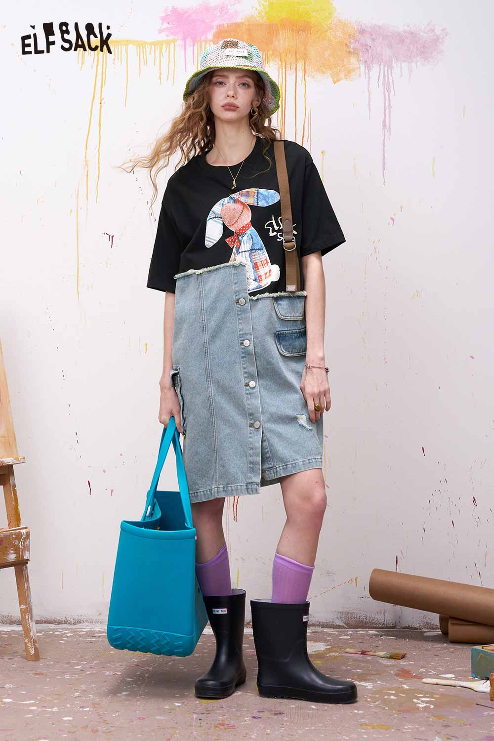 ELFSACK Cute Midi Dress with Black Bunny Patchwork