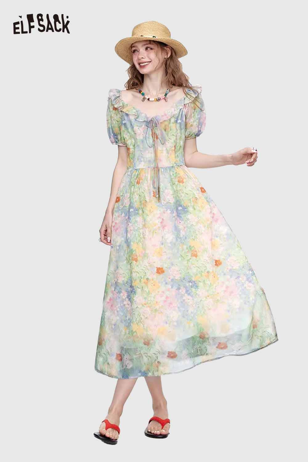 ELFSACK Cute Oil Painting Floral Puff Sleeve Elegant Maxi Dress