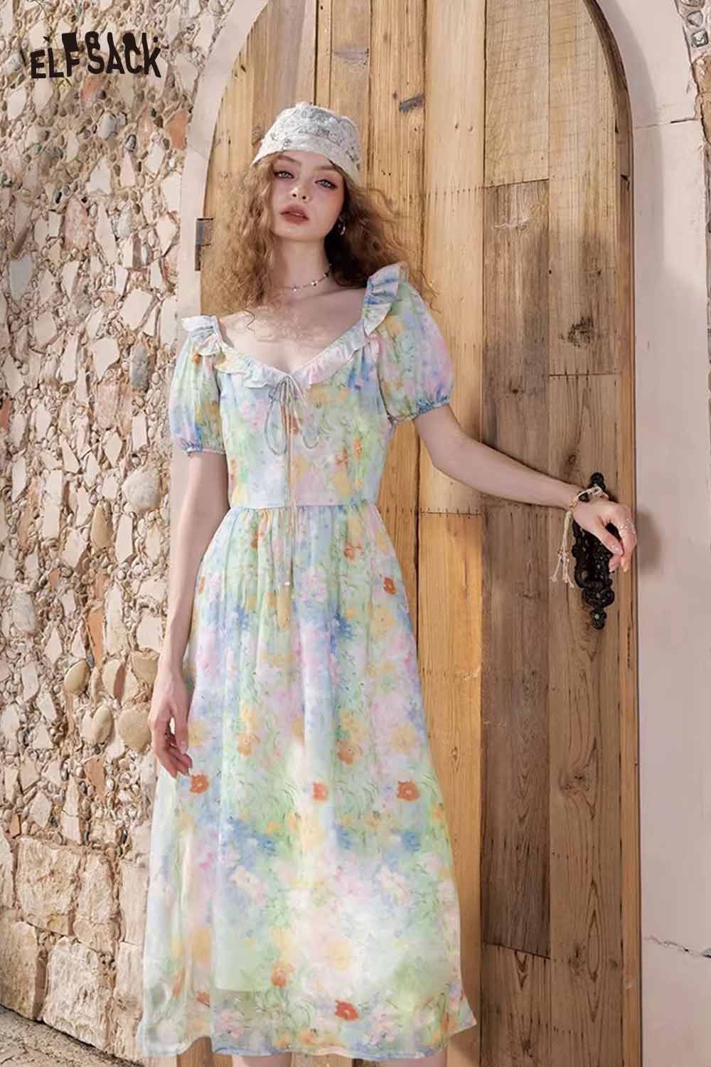 ELFSACK Cute Oil Painting Floral Puff Sleeve Elegant Maxi Dress