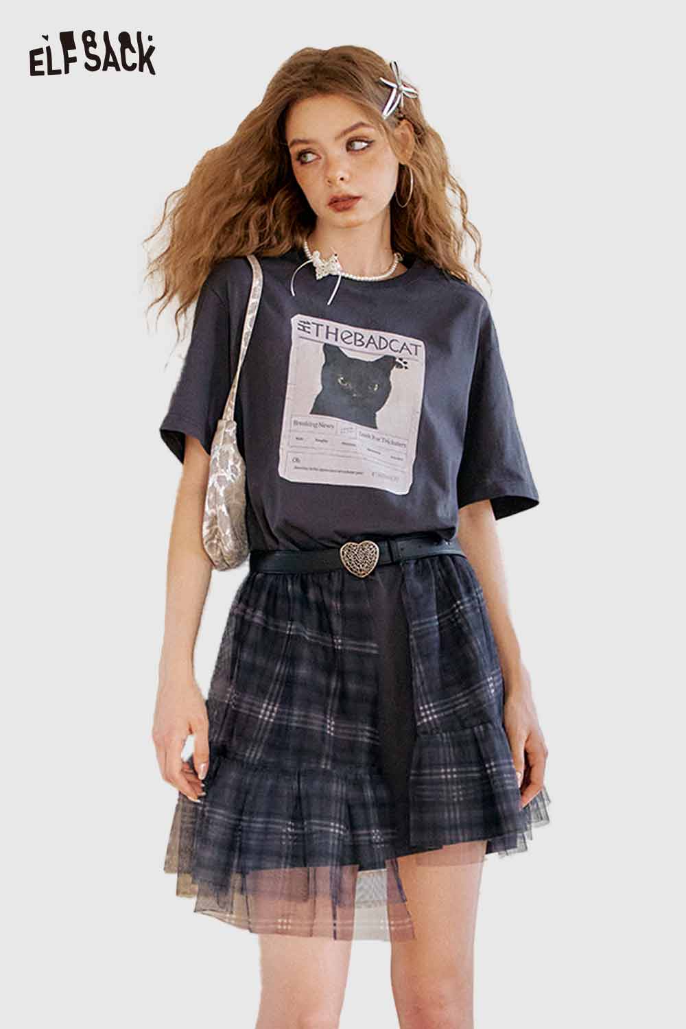 ELFSACK Cute Original Cat Graphic Plaid Mesh Design Dress
