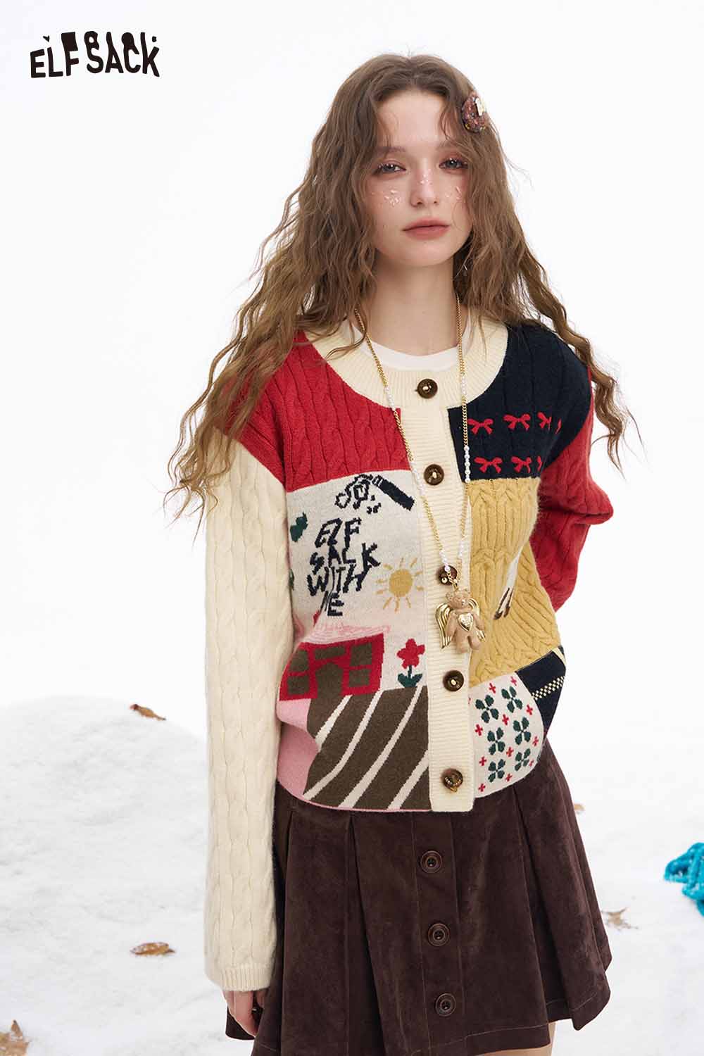 ELFSACK Cute Graphic Patchwork Slim Fit Button Cardigan