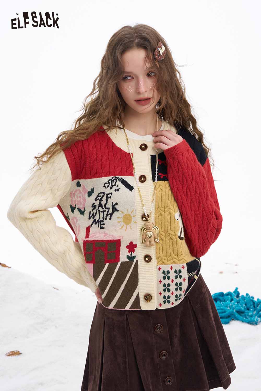ELFSACK Cute Graphic Patchwork Slim Fit Button Cardigan