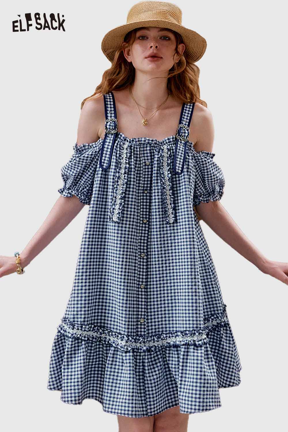 ELFSACK Cute Plaid Off Shoulder Slip Design Sweet Dress