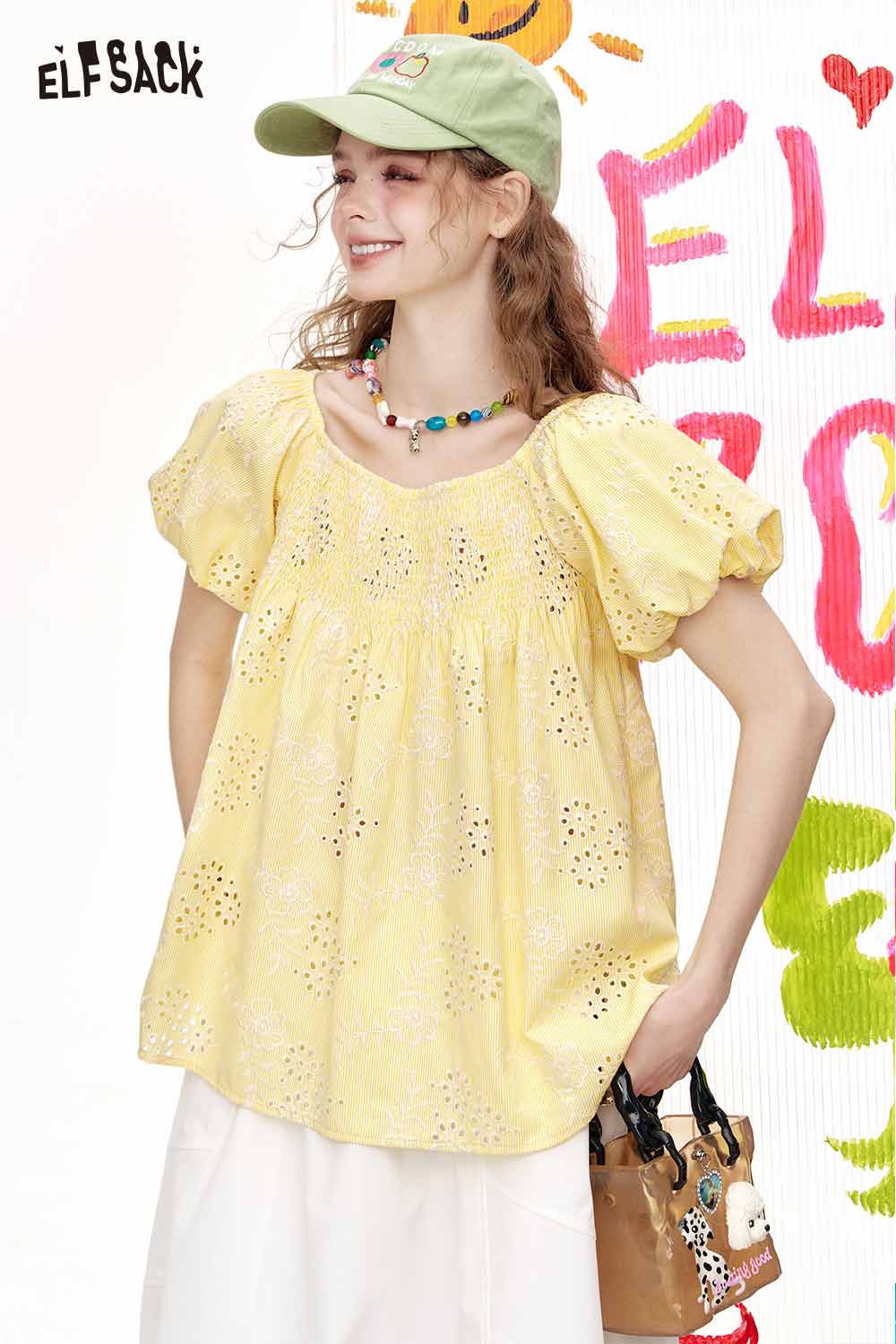 ELFSACK Cute Puff Sleeve Cut Out Sweet Blouse