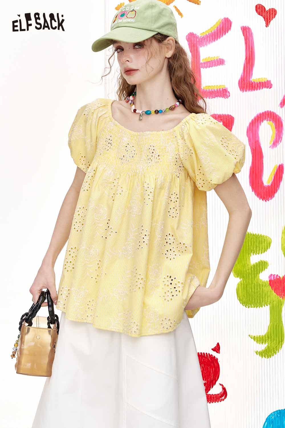 ELFSACK Cute Puff Sleeve Cut Out Sweet Blouse