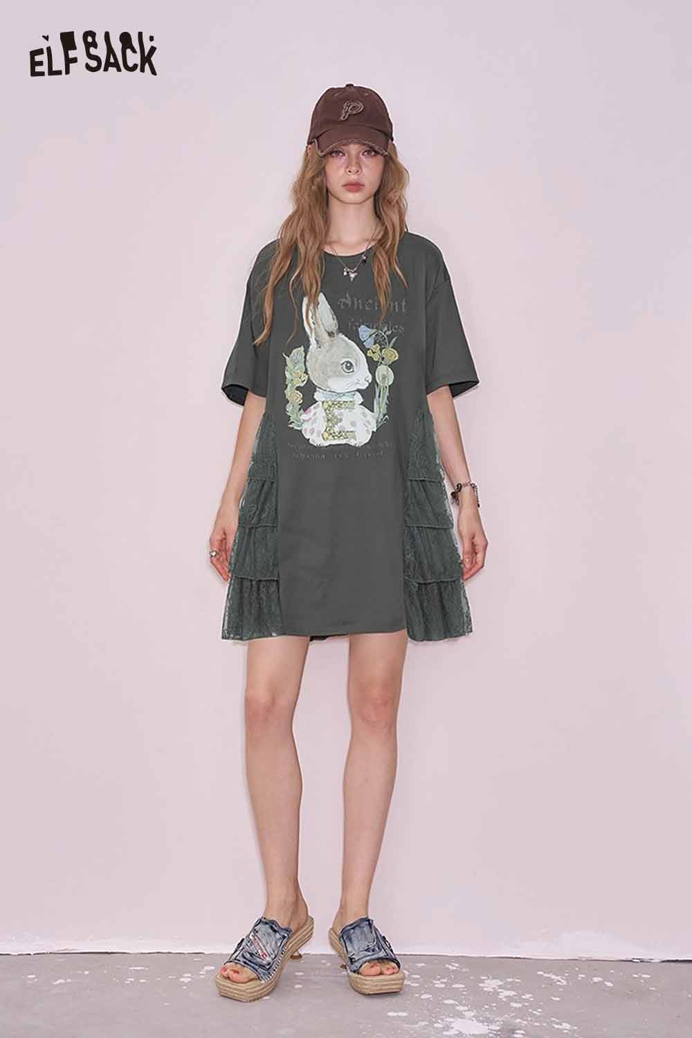 ELFSACK Cute Rabbit Graphic Mesh Design Tshirt Dress
