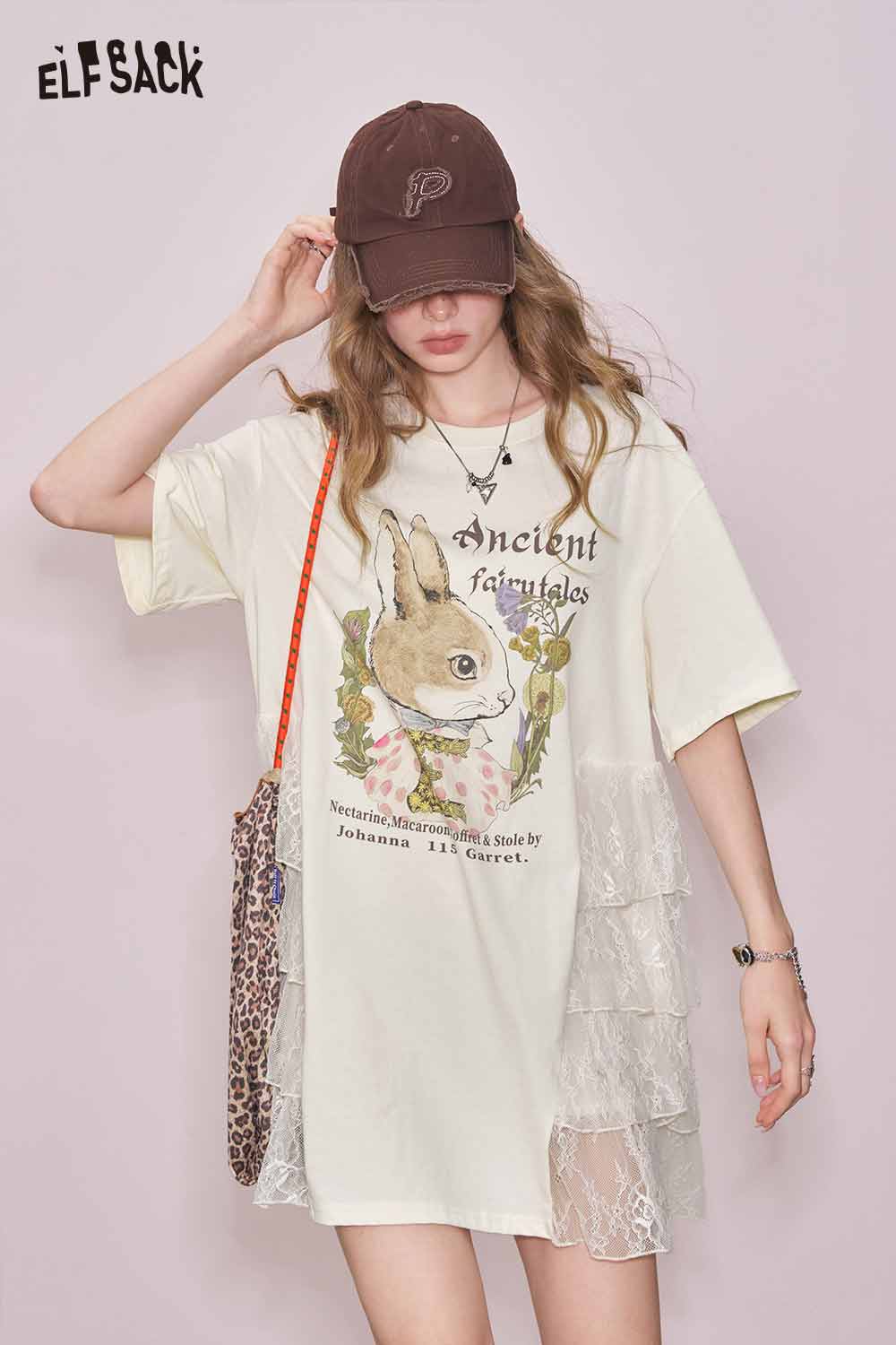 ELFSACK Cute Rabbit Graphic Mesh Design Tshirt Dress