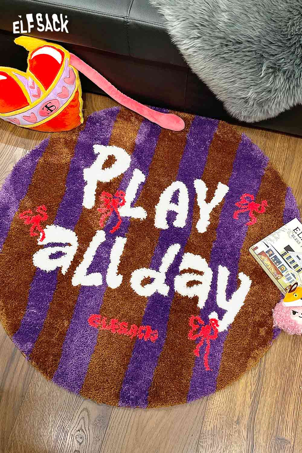 ELFSACK Cute Round Striped Color Block Letter Rug