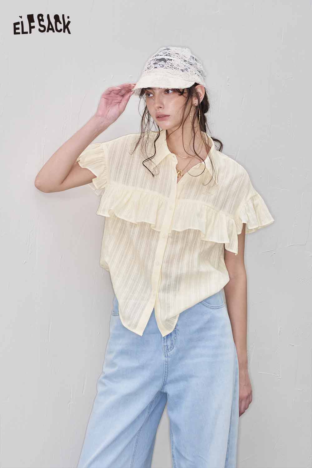 ELFSACK Cute Ruffle Striped Polo Lightweight Loose Blouse