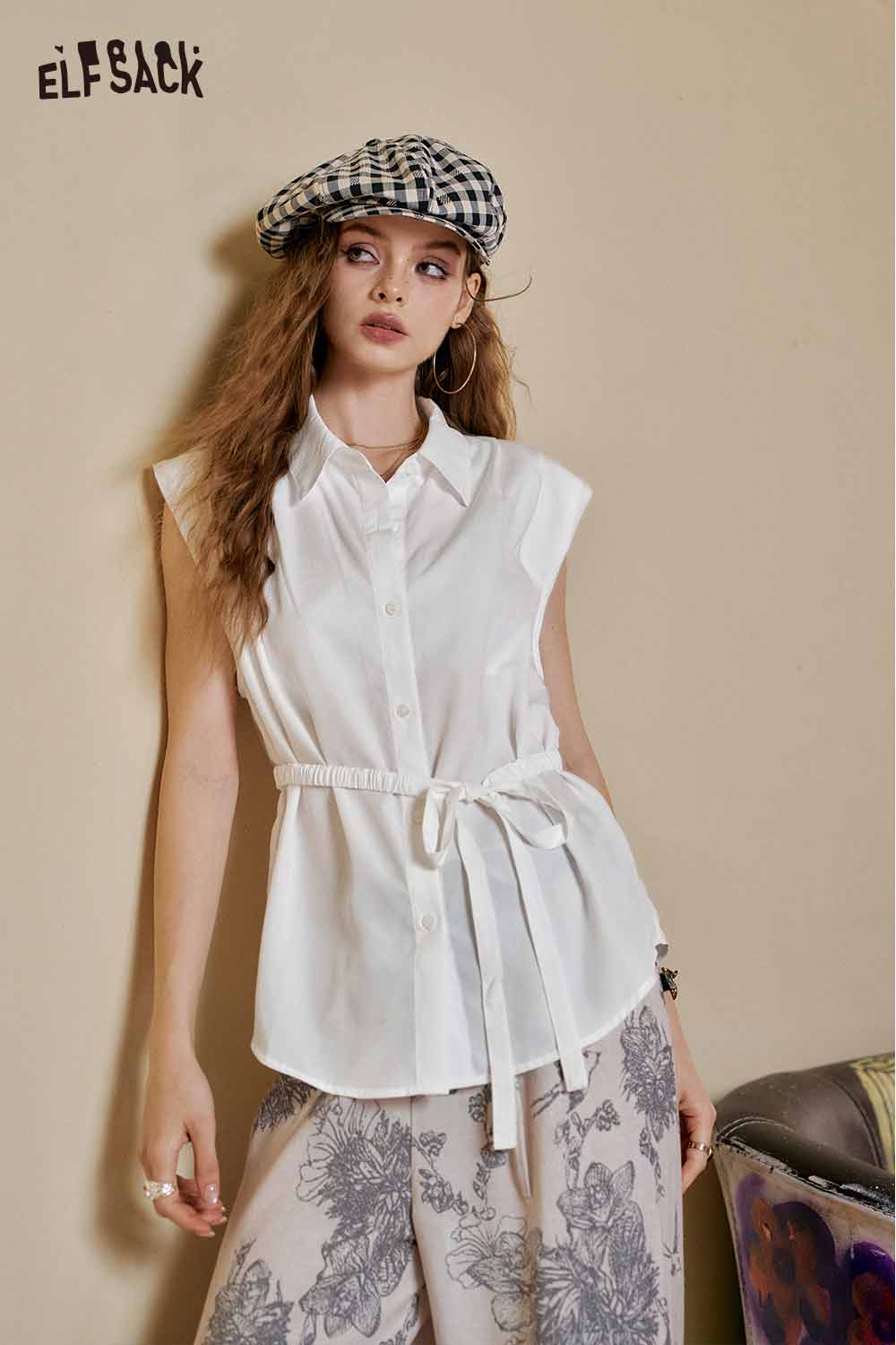 ELFSACK Cute Sleeveless French Office Elegant Belted Top