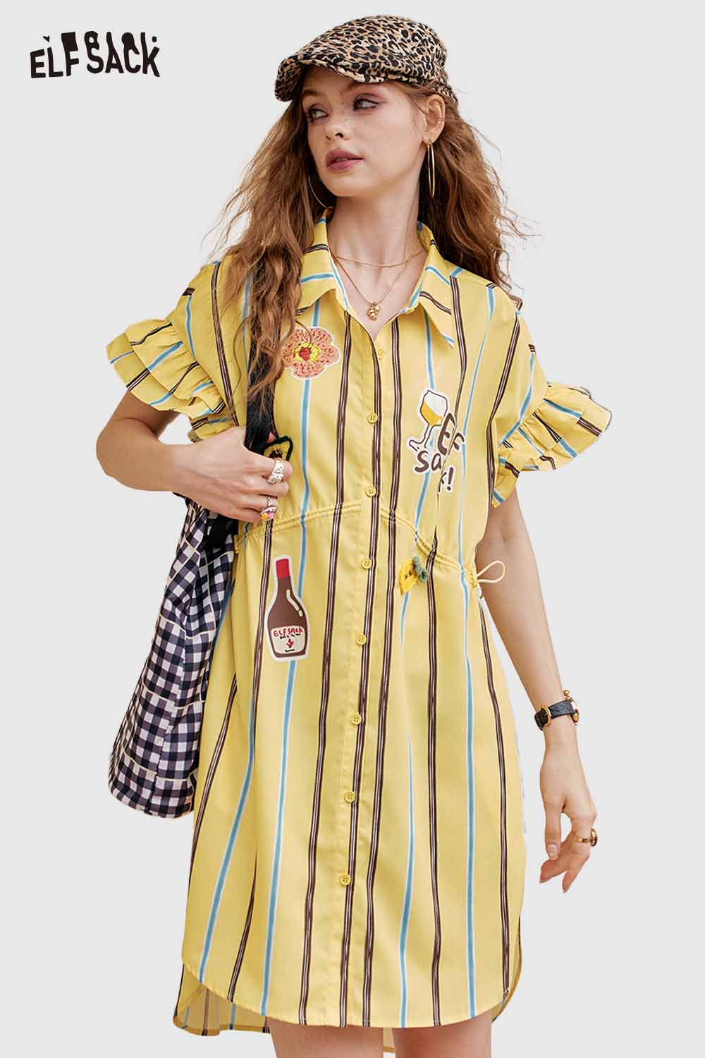 ELFSACK Cute Striped Flutter Sleeve Shirt Drawstring Dress