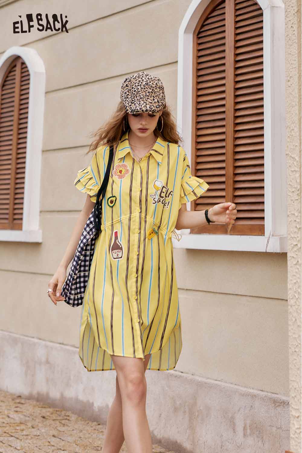 ELFSACK Cute Striped Flutter Sleeve Shirt Drawstring Dress