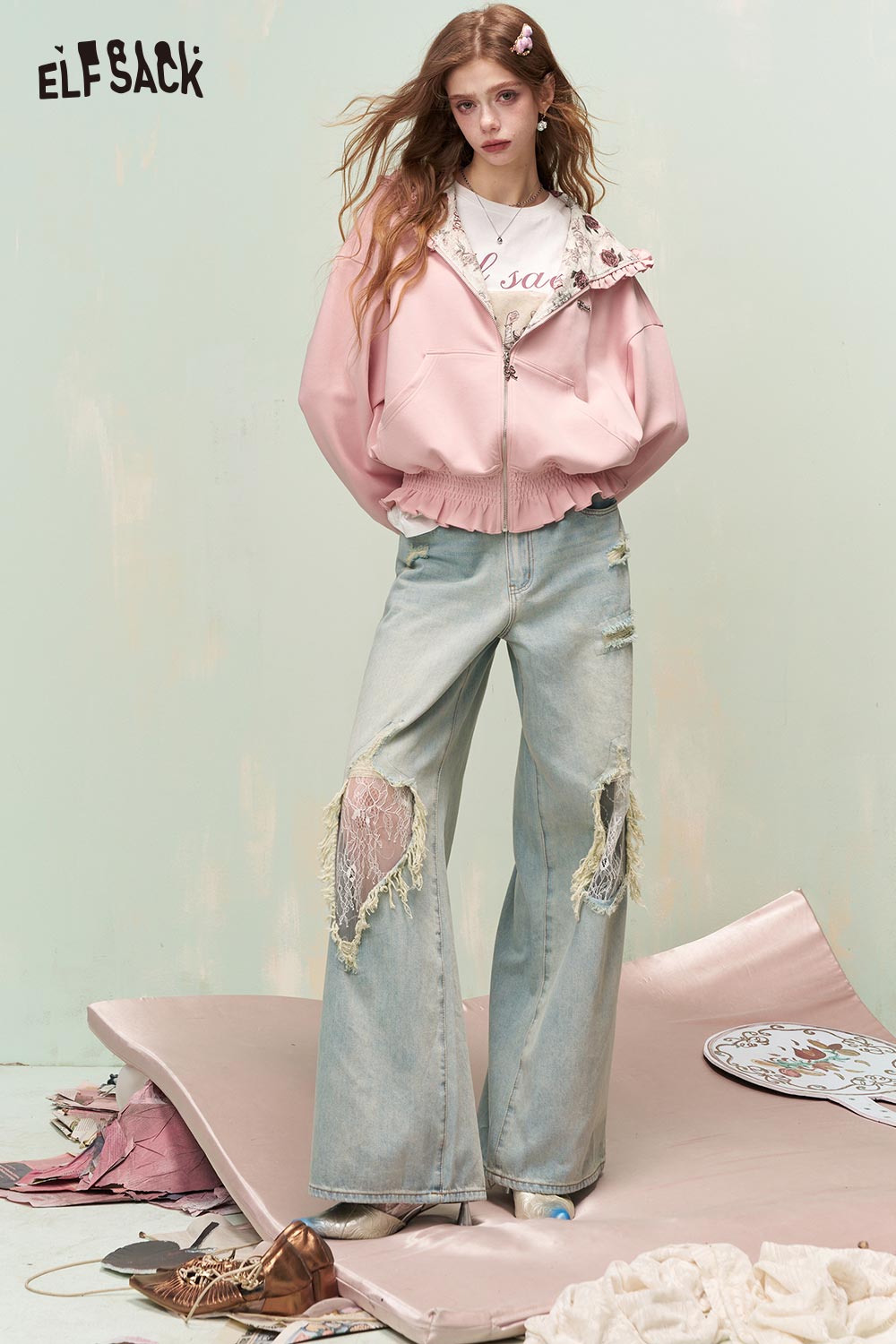 ELFSACK Cute Textured Knit Jacket with Ruffle Hem