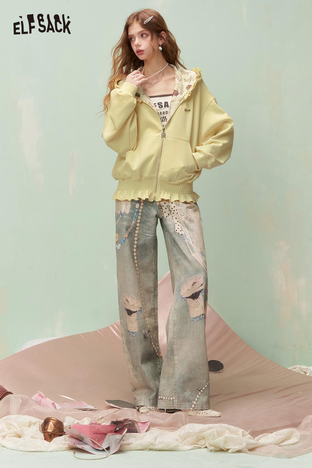 ELFSACK Cute Textured Knit Jacket with Ruffle Hem