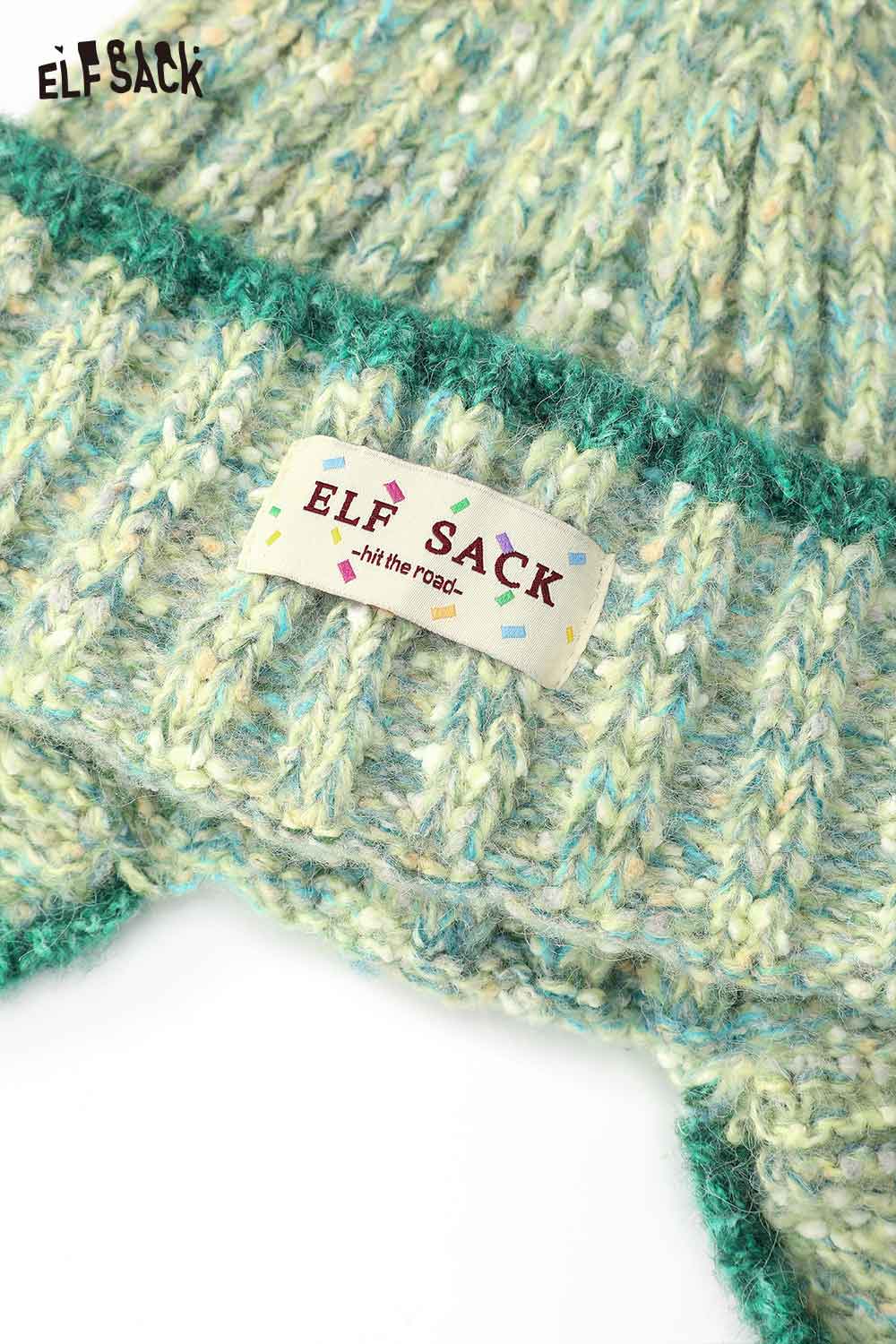 ELFSACK Cute Warm Color Striped Logo Tag Pom Beanie