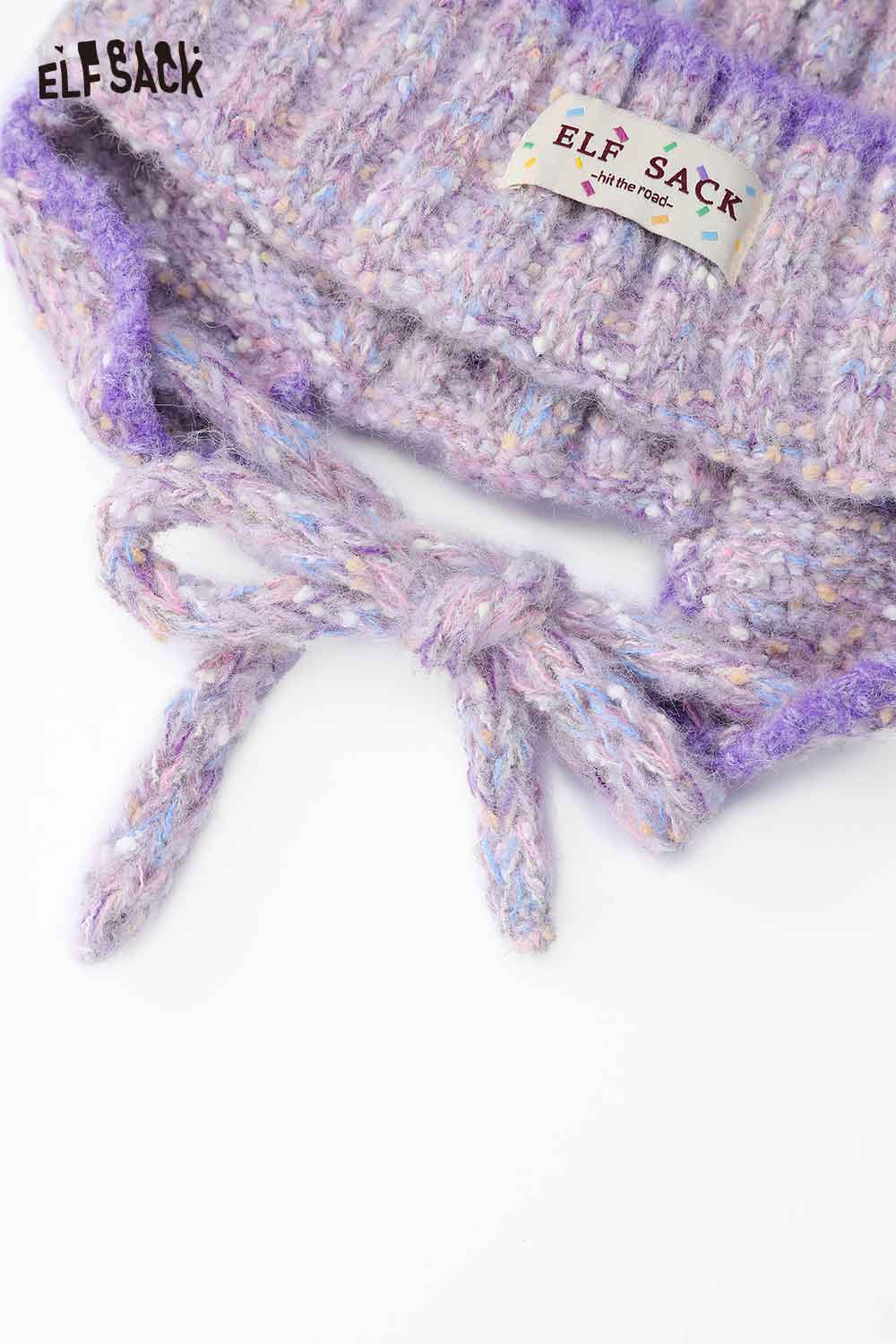 ELFSACK Cute Warm Color Striped Logo Tag Pom Beanie