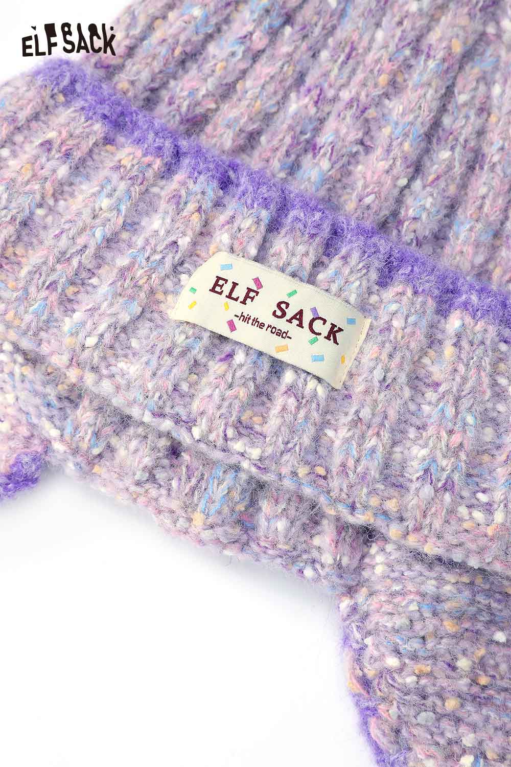 ELFSACK Cute Warm Color Striped Logo Tag Pom Beanie