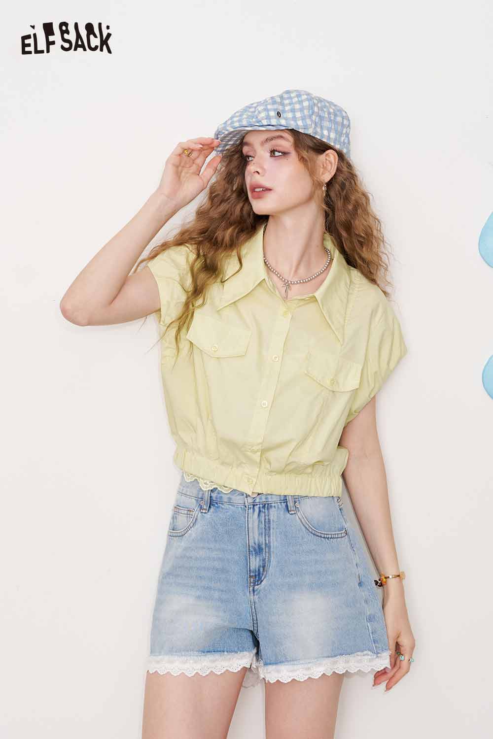 ELFSACK Cute White Lace Short Sleeve Elegant Blouse