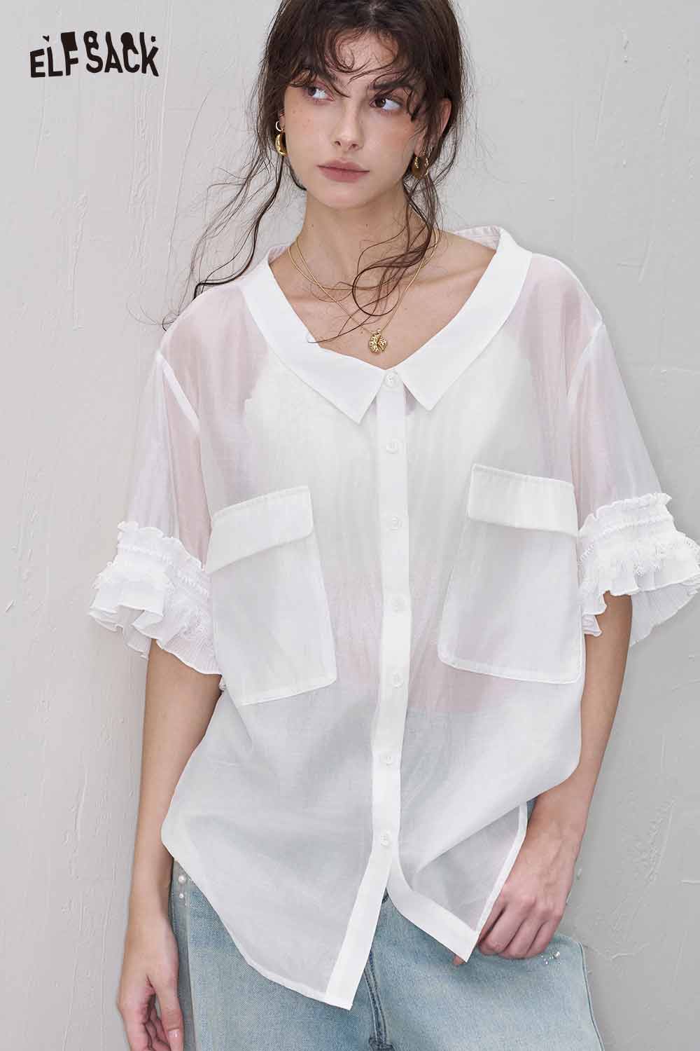 ELFSACK Cute White Sheer Ruffle Premium Blouse