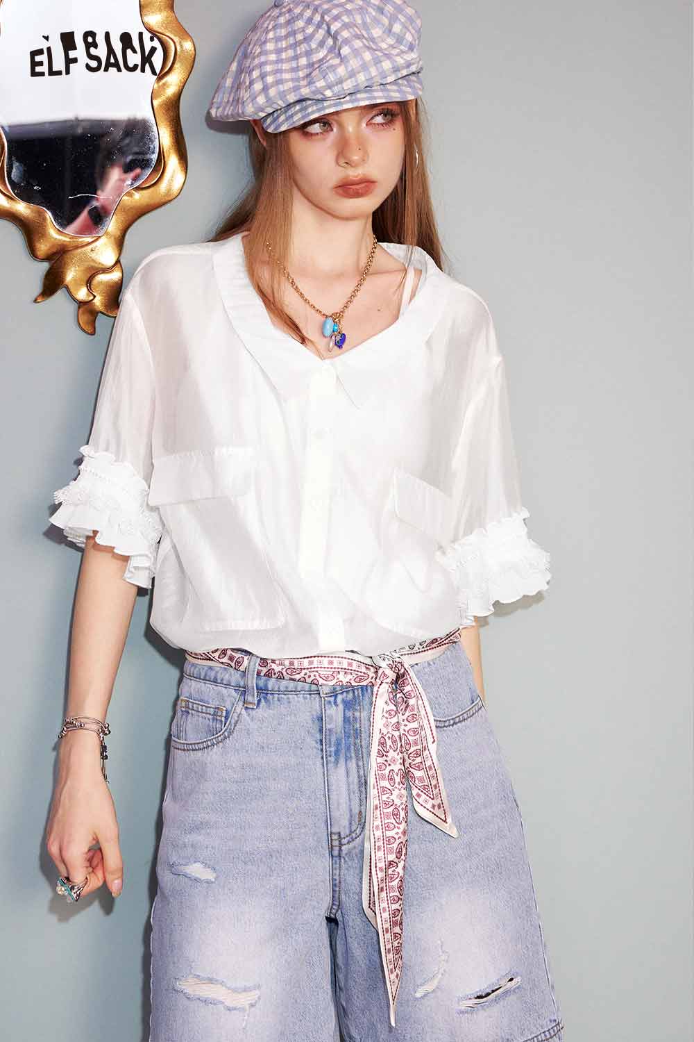 ELFSACK Cute White Sheer Ruffle Premium Blouse