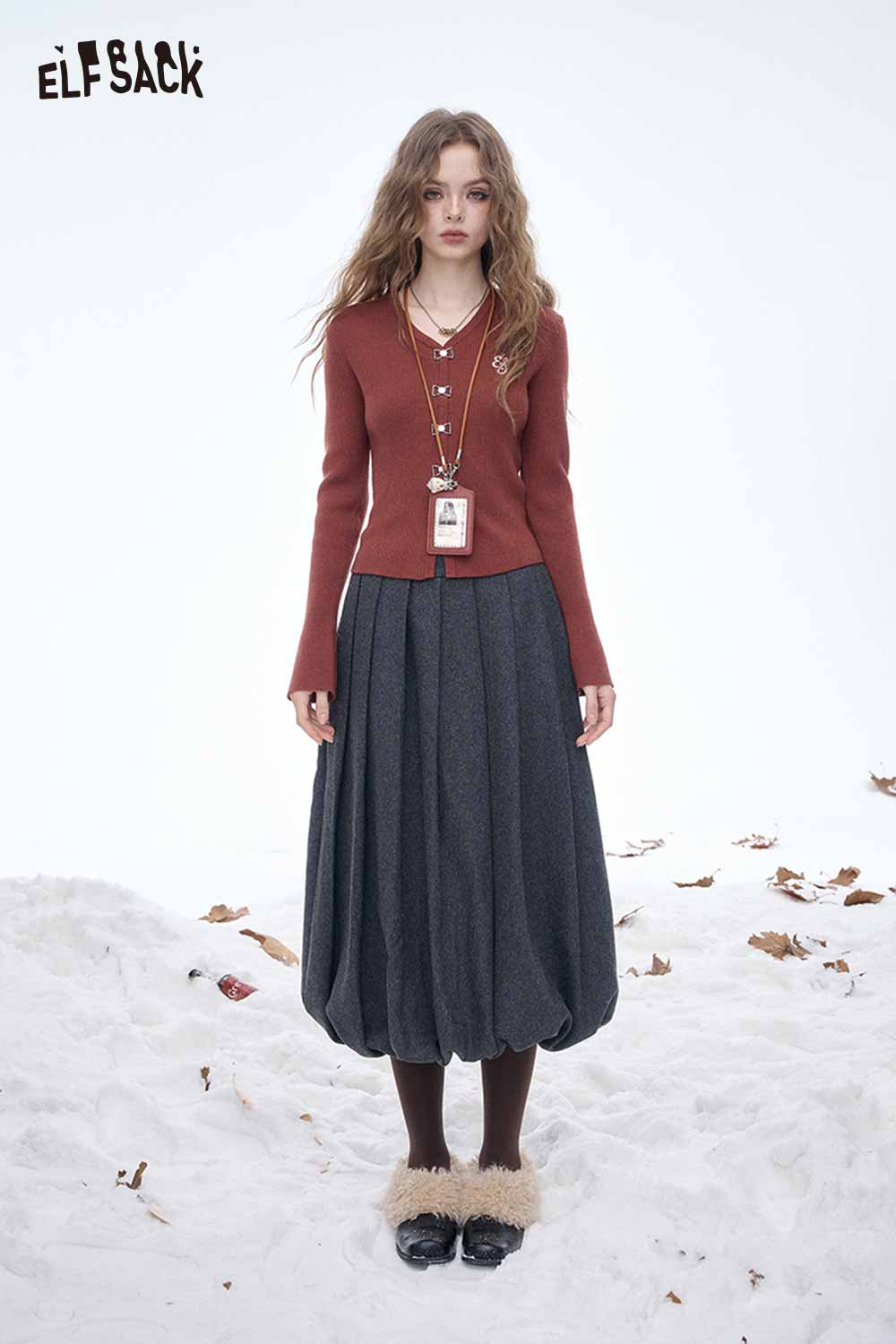 ELFSACK Light Elegant Layered Pleated Darkgray Half Skirt