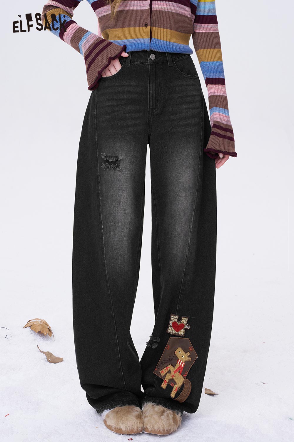 ELFSACK Deer Graphic Patchwork Loose Wide Leg High Waist Jeans