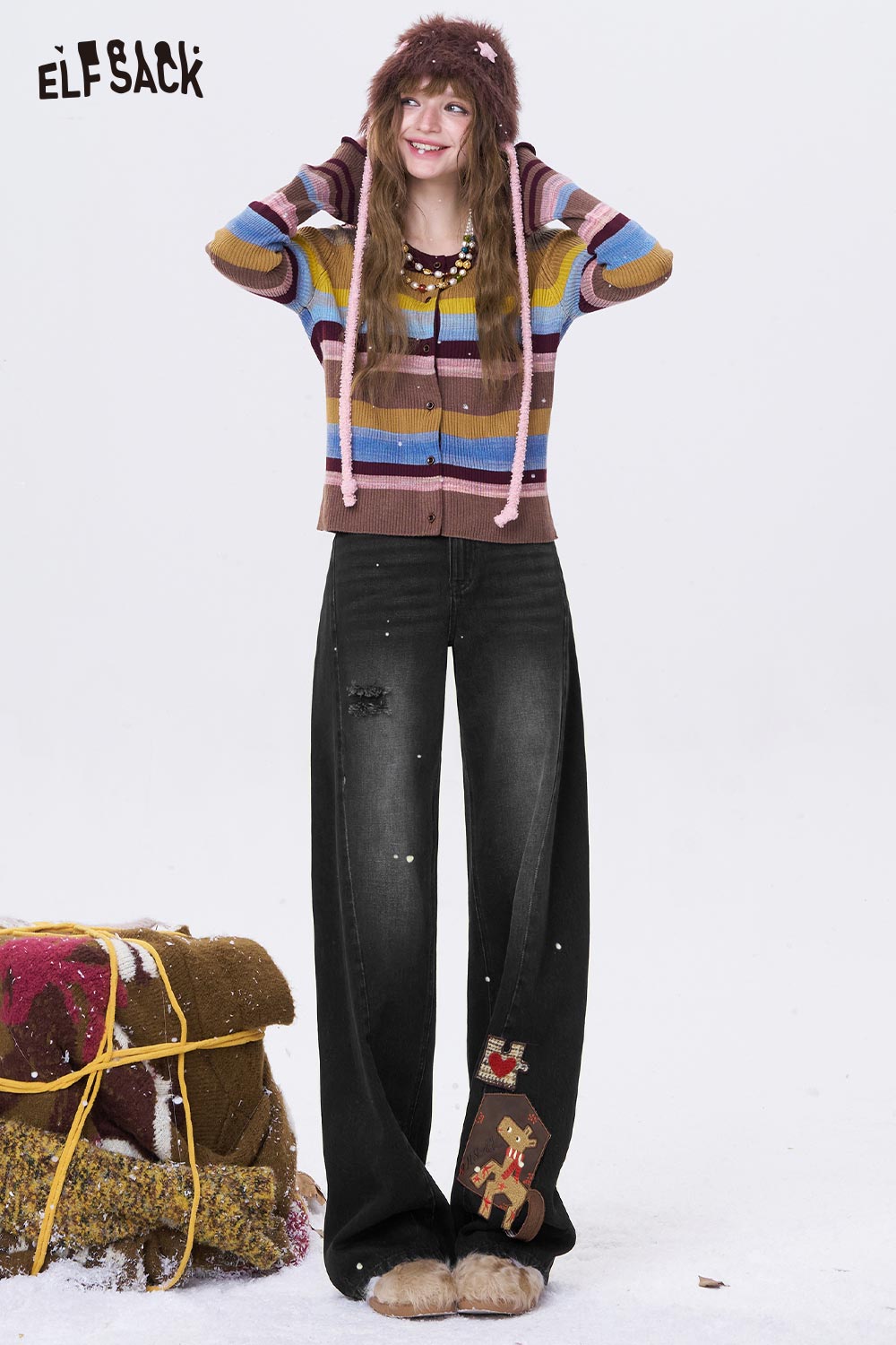 ELFSACK Deer Graphic Patchwork Loose Wide Leg High Waist Jeans