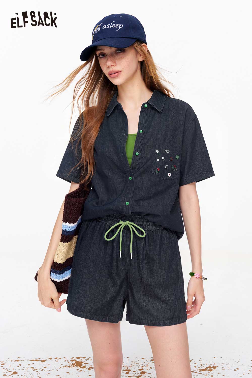 ELFSACK Denim Embroidered Shirt Shorts Set