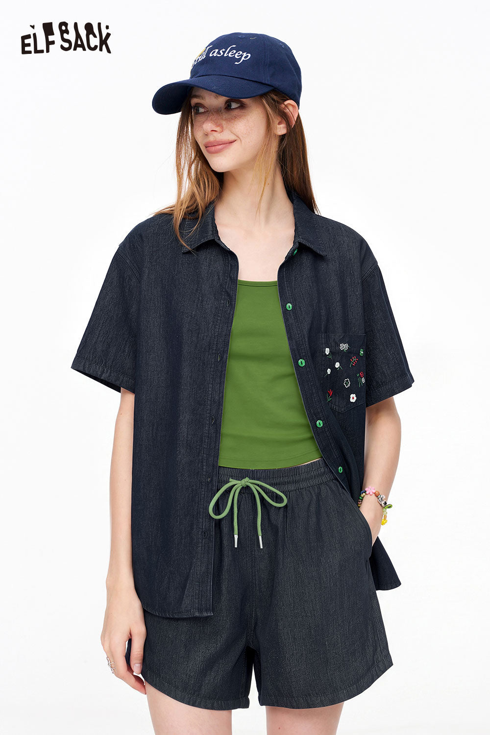 ELFSACK Denim Embroidered Shirt Shorts Set