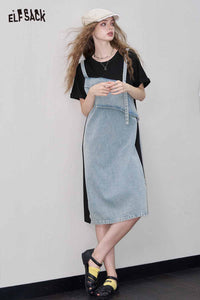 ELFSACK Design Casual Fake Two Piece Denim Patchwork Dress