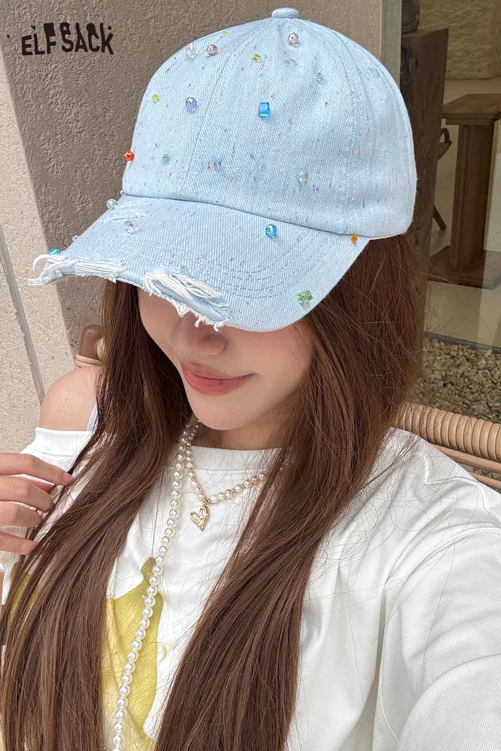 ELFSACK Distressed Denim Beaded Baseball Cap