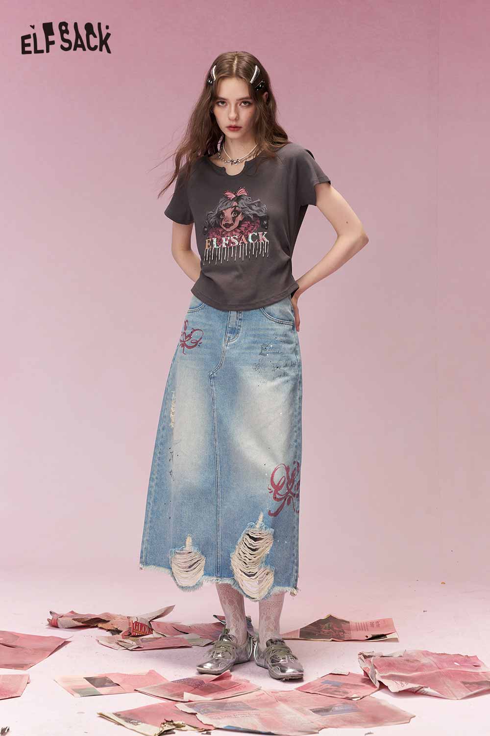 ELFSACK Sweet Cool Distressed Ripped Bow Embroidered Denim Skirt