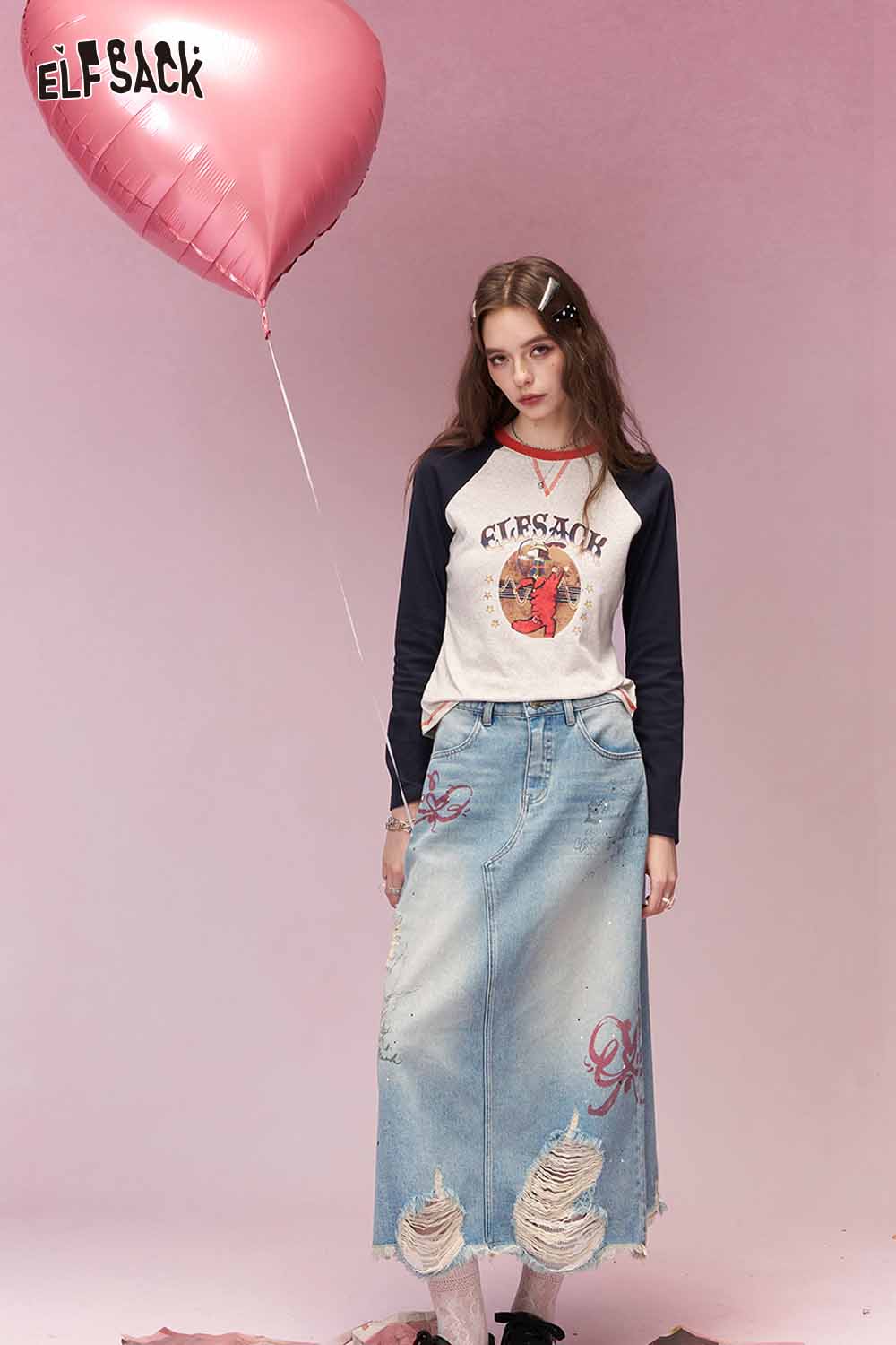 ELFSACK Sweet Cool Distressed Ripped Bow Embroidered Denim Skirt