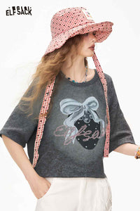 ELFSACK Distressed Loose Graphic Cropped Short Sleeve Tshirt
