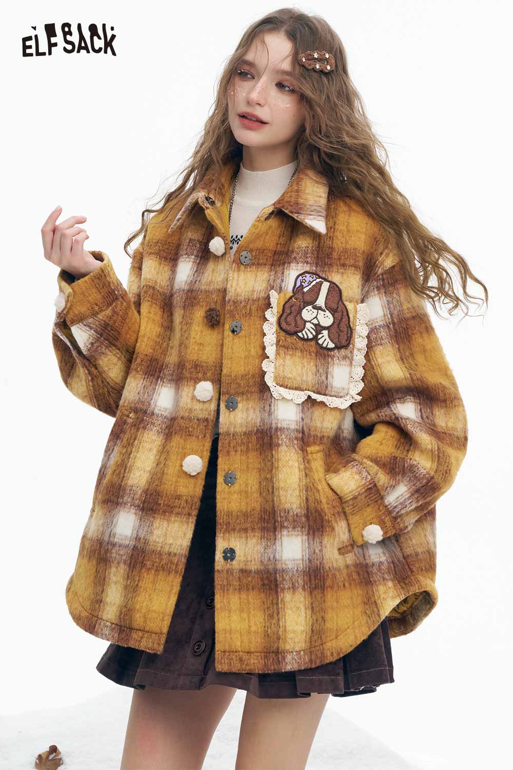 ELFSACK Soft Casual Stripe Dog Graphic Single Breasted Stand Collar Coat