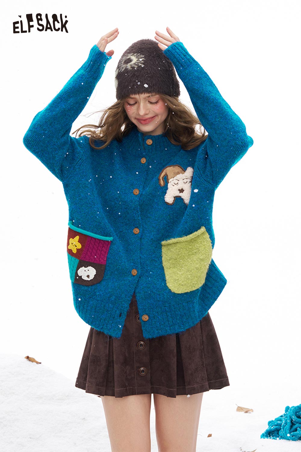 ELFSACK Soft Solid Pocket Dog Graphic Round Neck Single Button Sweater