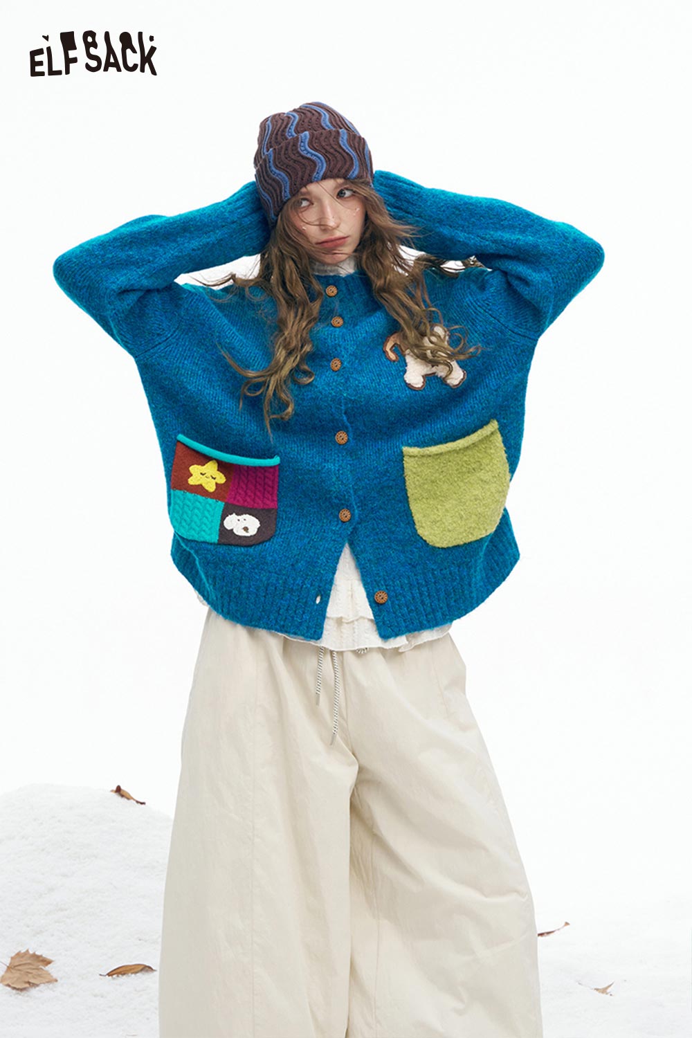 ELFSACK Soft Solid Pocket Dog Graphic Round Neck Single Button Sweater