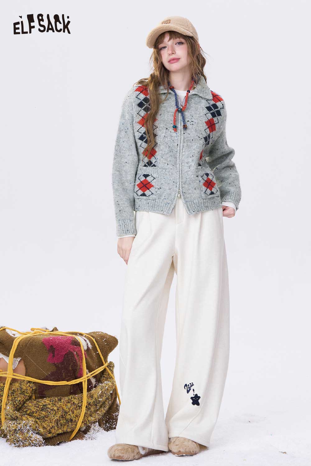 ELFSACK Double Breasted Diamond Quilt Double Zipper Lapel Cropped Knit Cardigan