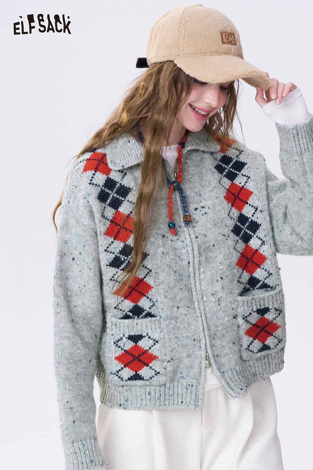 ELFSACK Double Breasted Diamond Quilt Double Zipper Lapel Cropped Knit Cardigan