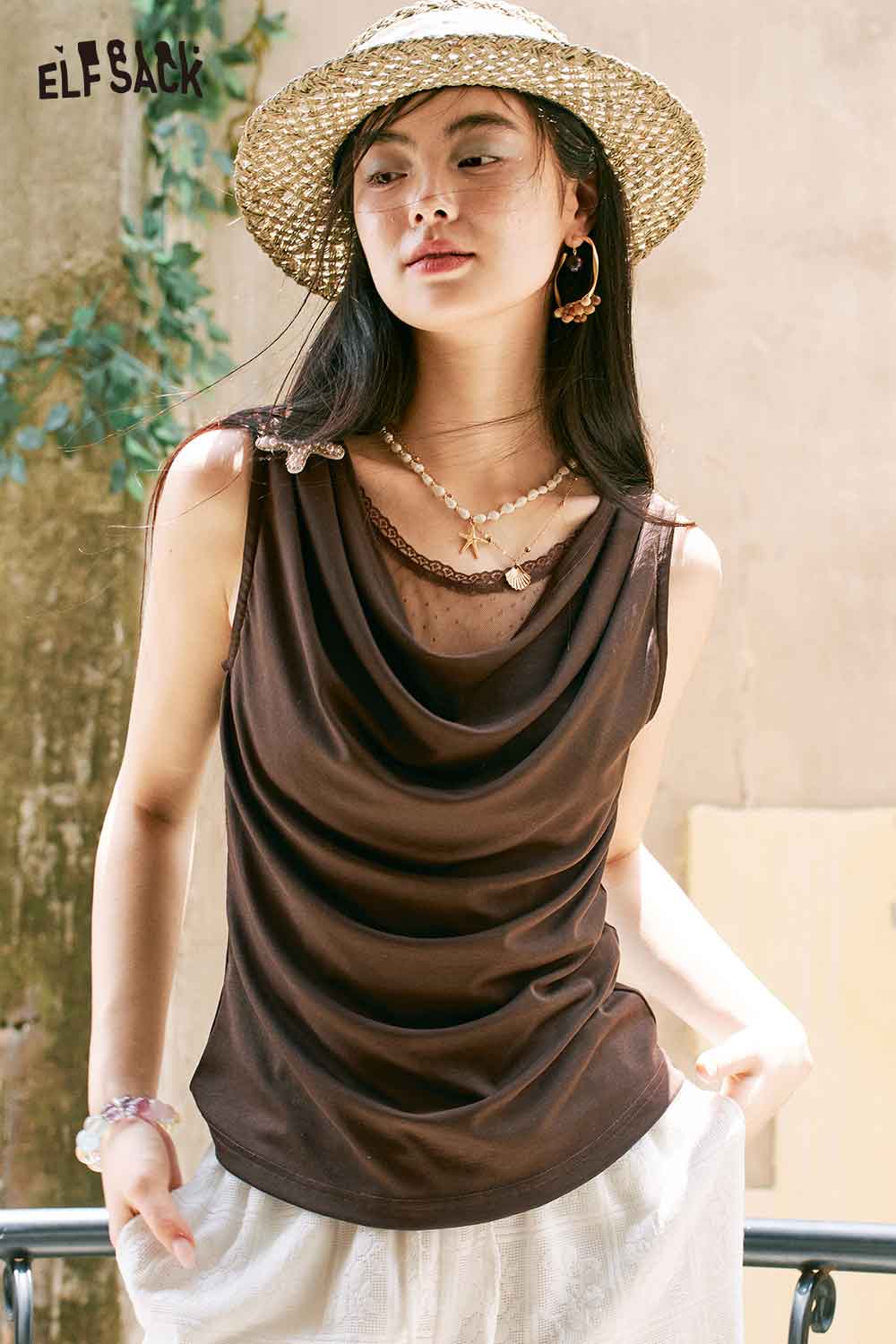 ELFSACK Draped Neck Polka Dot Sleeveless Tee