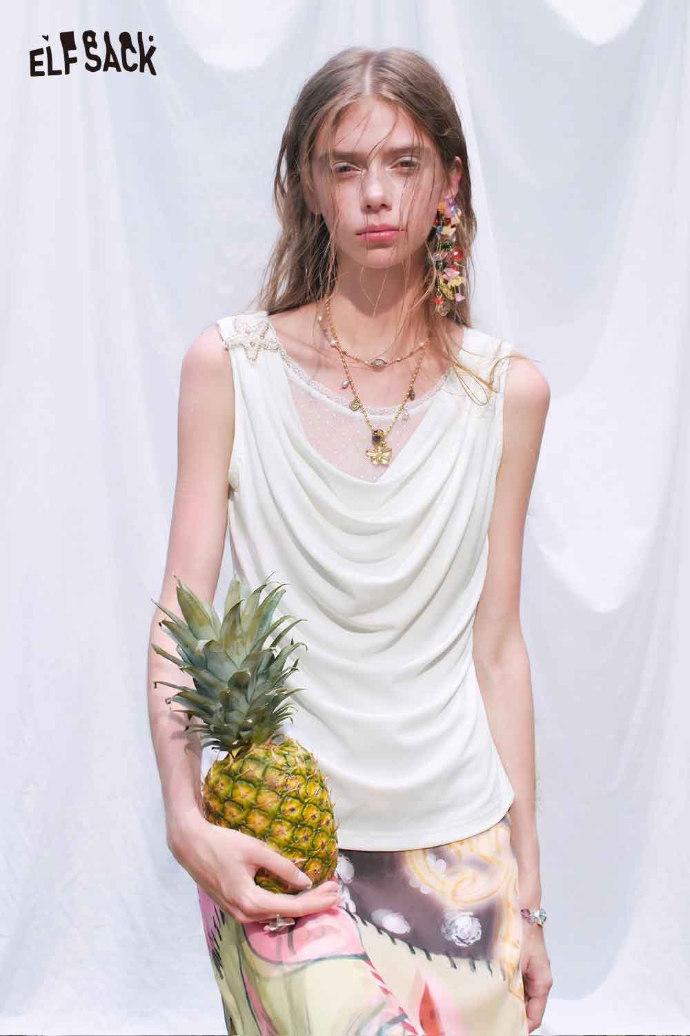 ELFSACK Draped Neck Polka Dot Sleeveless Tee