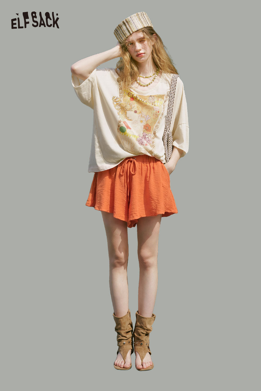 ELFSACK Drawstring Loose Flow Culotte Shorts