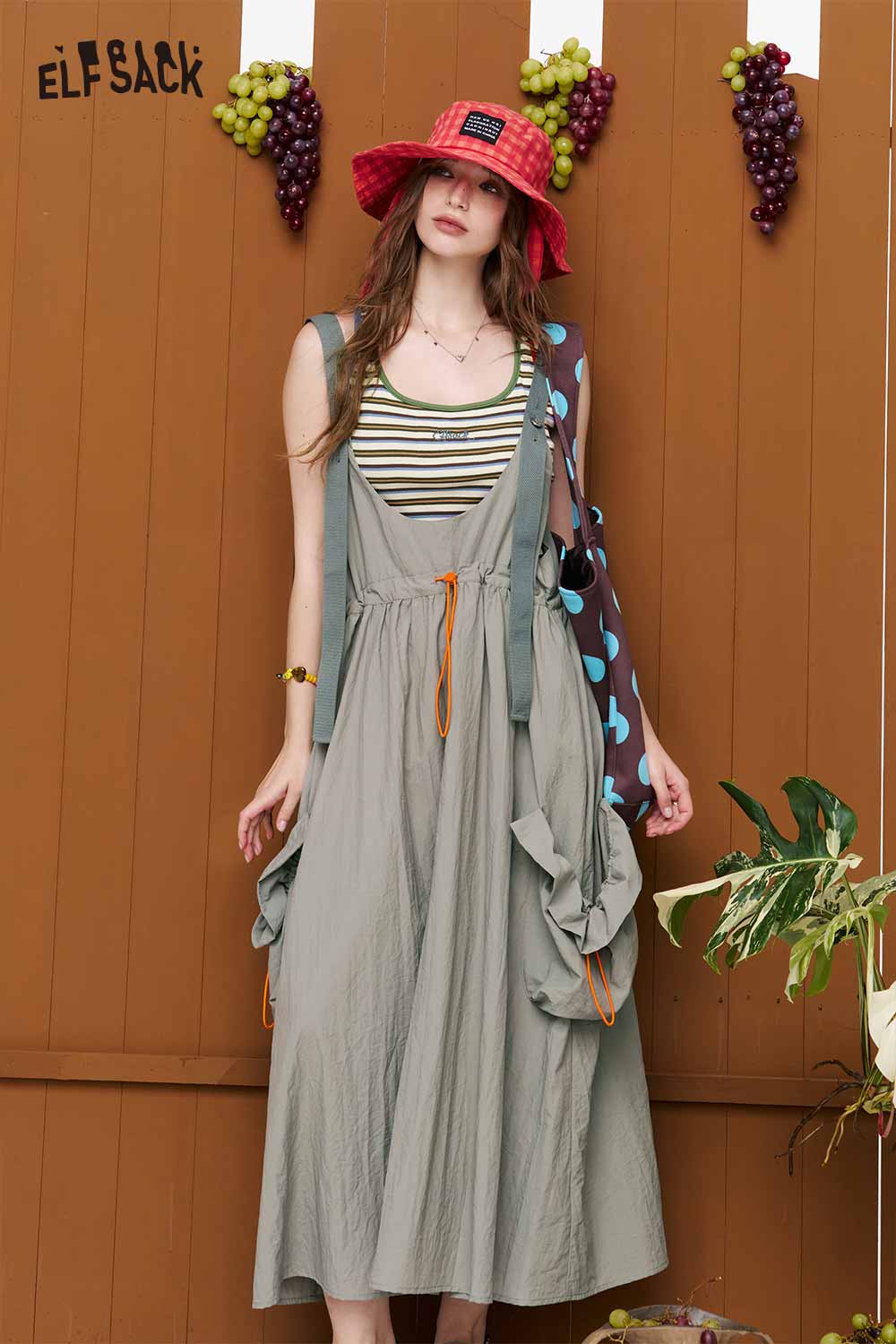 ELFSACK Drawstring Waist Cargo Overalls Dress