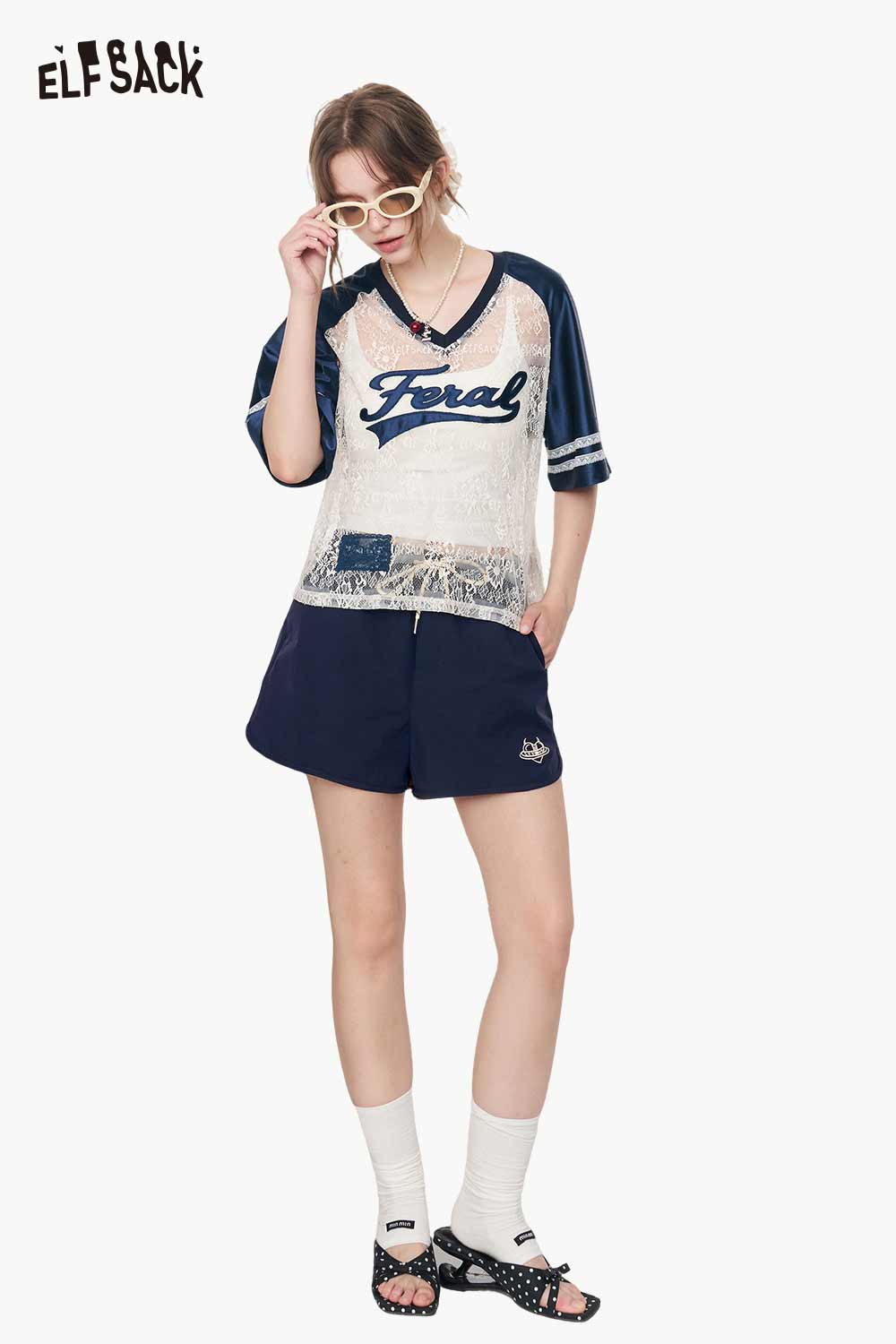 ELFSACK Drawstring Waist Embroidered Casual Shorts