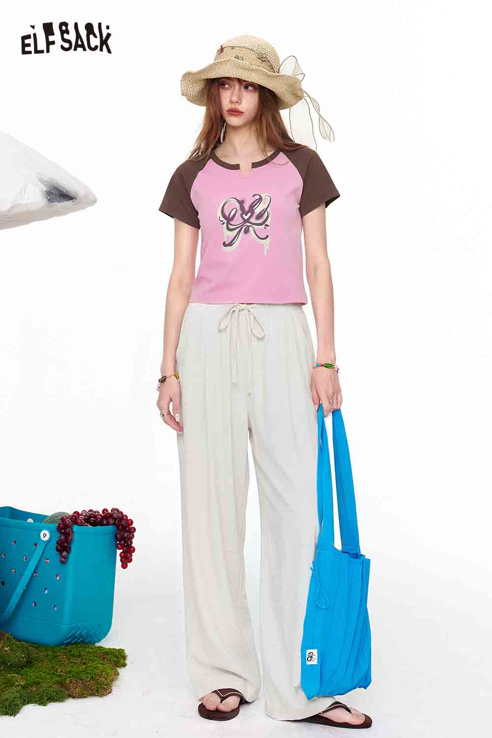 ELFSACK Drawstring Waist Loose Wide Leg Pants