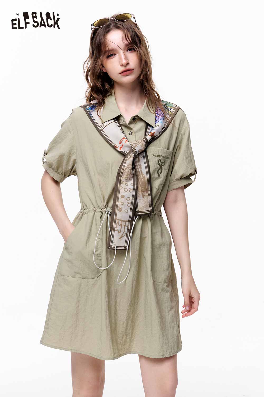 ELFSACK Drawstring Waist Shirt Midi Dress