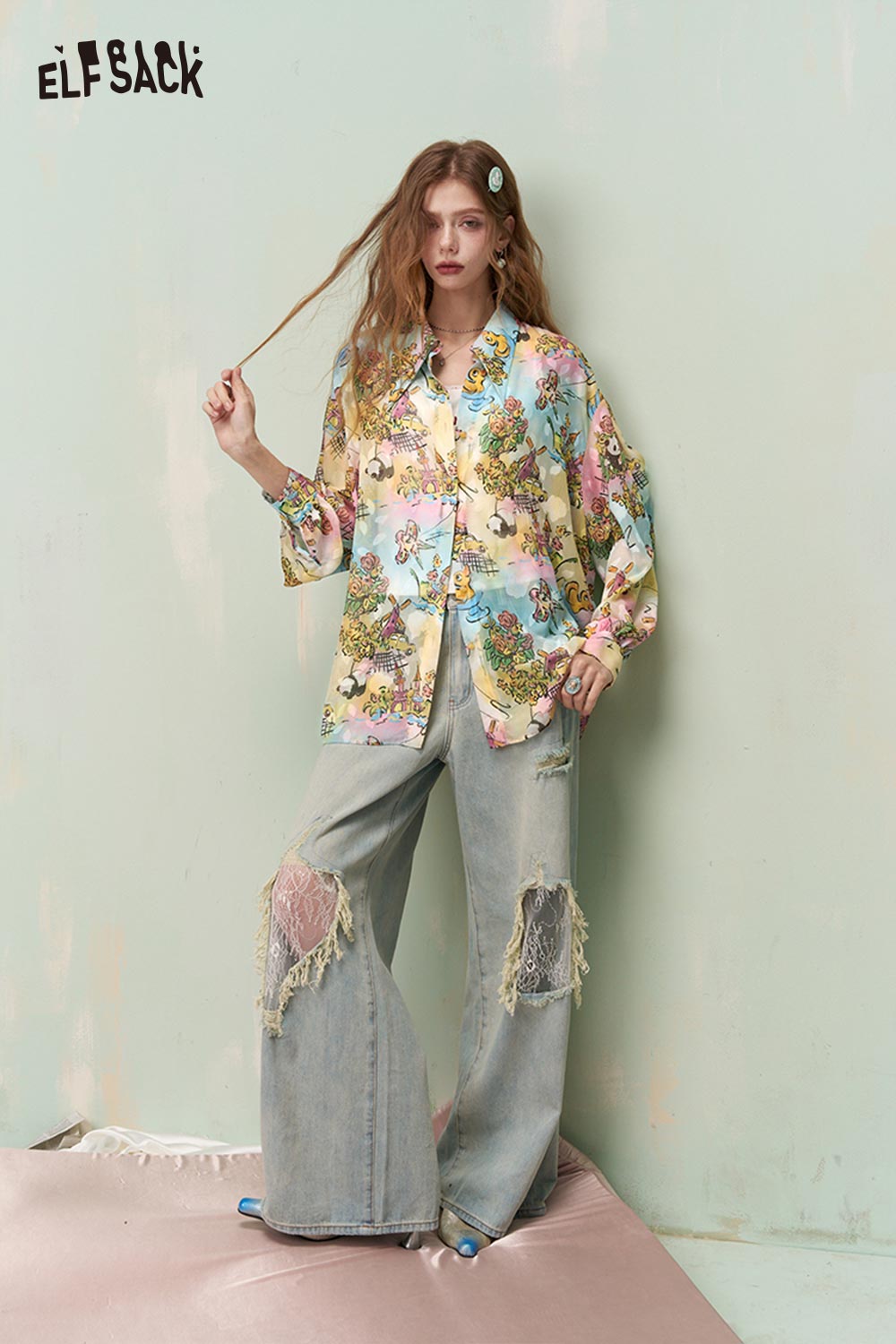 ELFSACK Dreamy Whimsical Graffiti Allover Print Loose Fit Long Sleeve Shirt
