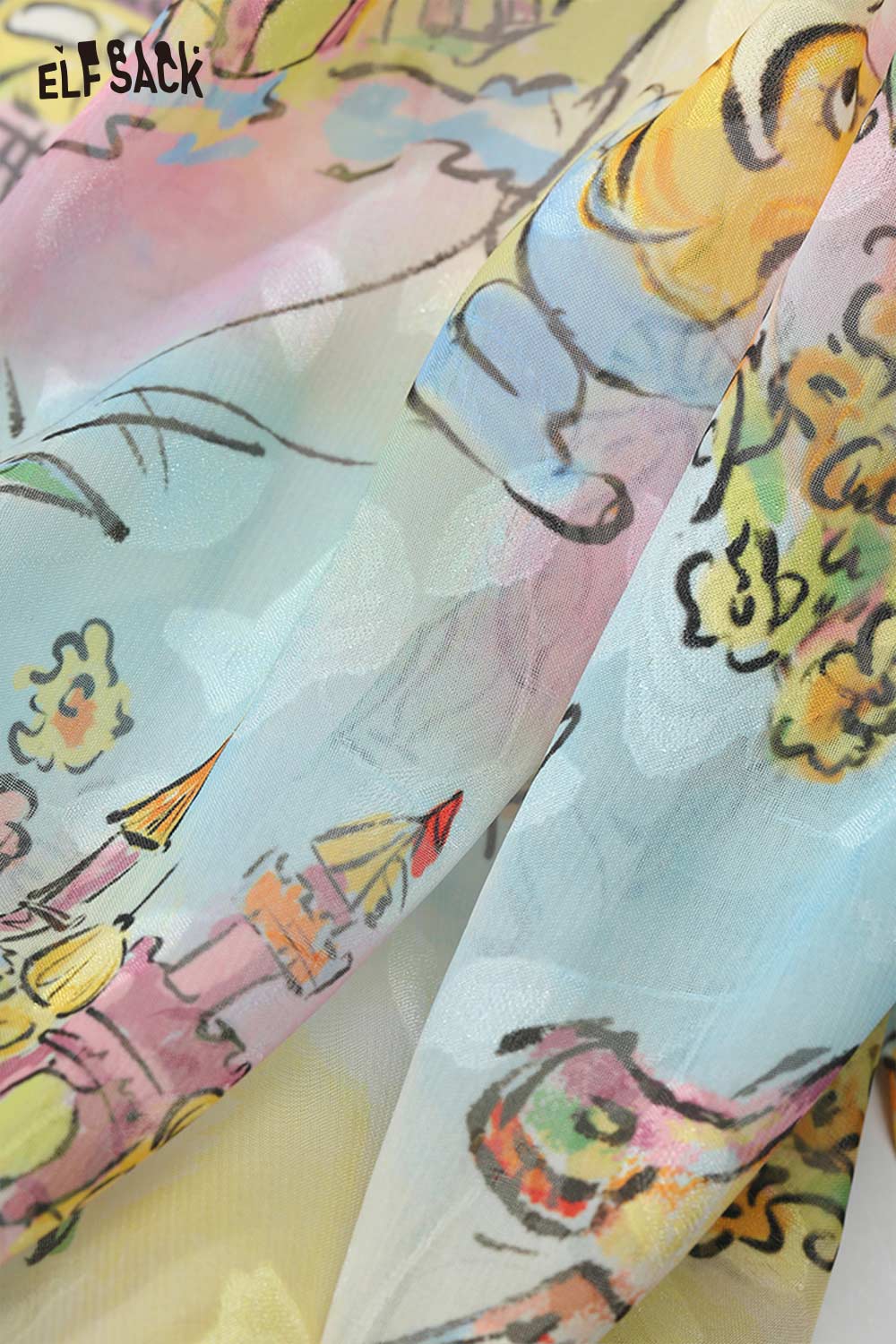 ELFSACK Dreamy Whimsical Graffiti Allover Print Loose Fit Long Sleeve Shirt
